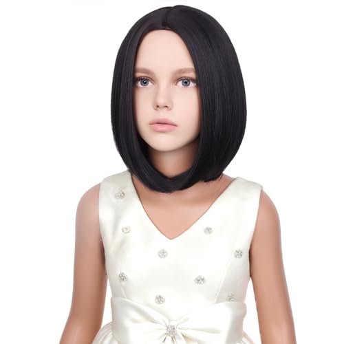 Image of Kids Black Wigs Black Bob Wig Short Middle Part Wigs for Girls Child Daily Halloween Cosplay Synthetic Wigs