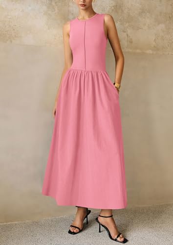Image of PRETTYGARDEN Maxi Dresses for Women 2026 Summer Casual Sleeveless Patchwork Flowy Vacation Sundress Knit Long Work Tank Dress