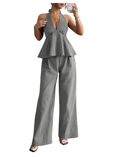 OYOANGLE Womens 2 Piece Striped Outfits Backless Ruffle Halter Peplum Top Wide Leg Pants Business Casual Dressy Set Grey Medium