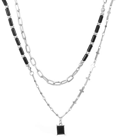 GulCean Goth Cross Necklace for Men Stainless Steel Trendy Y2K Layered Paper Clip Cross Cuba Chain Red Black Zircon Liquid Metal Cross Pendant Charm Choker Necklace for Women Teen Boys