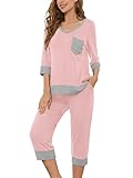 Picture of KORSIS Lounge Wear for women PJ Sets Casual Sleeping Clothes Pink Medium 3/4 Sleeve Women Tops & Capri Lougepants with Pockets