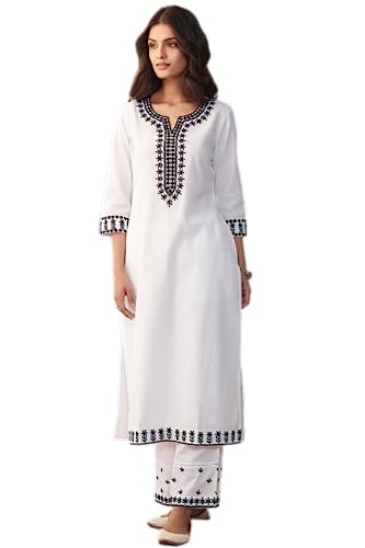 EVANTA Women's Cotton Blend Embroidery Kurta with Pent Set (TBH-White)