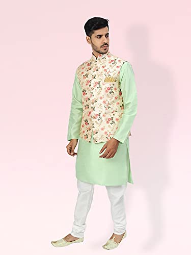 Image of Uri and MacKenzie Men's Silk Blend Regular Kurta Churidar Pyjama with Bundi Nehru Jacket /Waistcoat