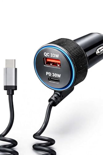Image of 93W Fast Turbo Car Charger with Built-in Type-C Coiled Cable, Dual Port (USB-A + USB-C) High-Speed Charging Adapter for Car, Truck & SUV