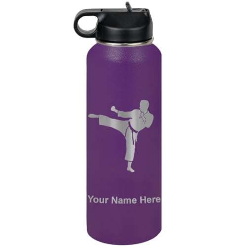LaserGram Personalized 40oz Water Bottle, Karate Man (Dark Purple)