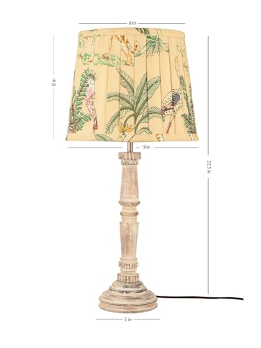 Image of Green Girgit Empire Wooden Lamp in Distress White Color with Pleeted Multiolor Green Shade, Reading & Bedside Table Lamp, Home & Room Decor