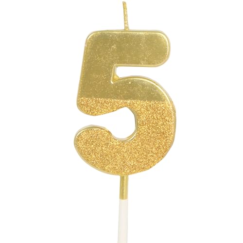 Image of Birthday Number Candles 5 for Kids Cake Topper Decoration Sparkle Gold Metallic Drip-Resistant Candles for Wedding Anniversary Graduation Retirement Fifth Year Celebration Size 5 x 3.5 cm