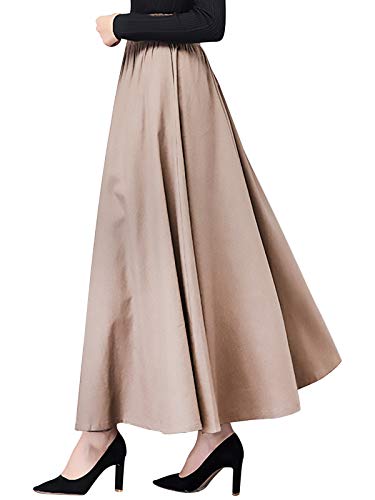 Mujer Chica Lino Algodón Maxifalda Falda Larga Falda de Lino con Bolsillos Laterales Cintura Elástica Easy Chic Retro Vintage Longitud 90cm Sólido Café Claro