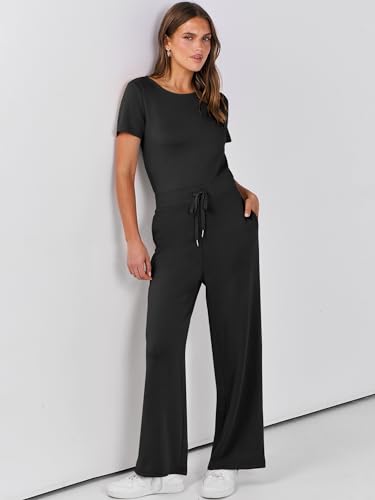 Anrabess Jumpsuits For Women Casual Summer 2024 Short Sleeve Loose Wide Leg Pants Dressy Romper Jumpers One Piece Outfits Black Large thumb #4