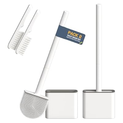 2 Pack Silicone Toilet Brushes & Holders– Includes 2 Crevice Brushes for Bathroom, Long Non-Slip Handle – Durable Bathroom Cleaning Set.