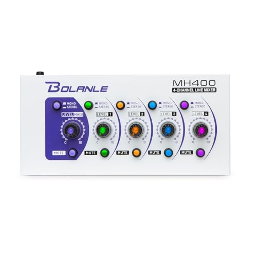 Bolanle MH400 4-Channel Stereo Line Mixer, Ultra Low-Noise Sub-Mixer with Independent Volume & Mute Control, Mono/Stereo Switch, 1/4" TRS & 3.5mm Output for Guitar Bass Keyboard
