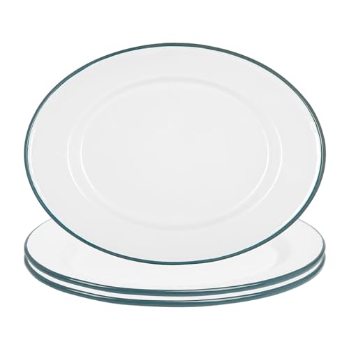 Argon Tableware Enamel Serving Platters with Green Rims - Pack of 3-30.5 x 22.5cm White Enamel Rectangular Serving Board Food Trays for Food, Drinks at Picnics, Camping, Travels