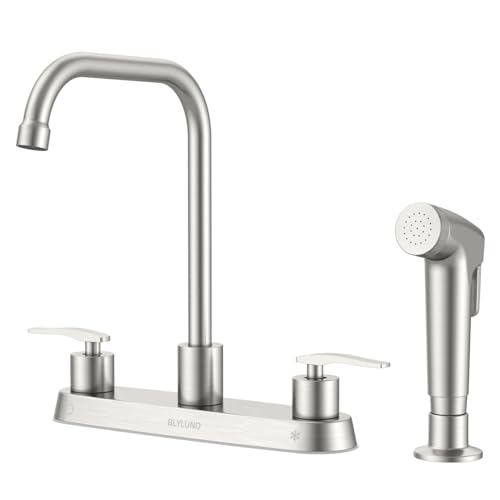 Image of 4 Hole Kitchen Faucet with Sprayer, Two-Handle Stainless Steel High Arch 8 Inch Centerset Sink Faucets with Side Sprayer for Commercial RV Laundry Utility Kitchen Faucet (Brushed Nickel)