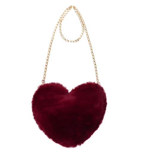 Miayon Heart Shaped Faux Fur Purse Fluffy Crossbody Shoulder Bag Cute Clutch Purses for Women Halloween Christmas Valentine (Dark Red)