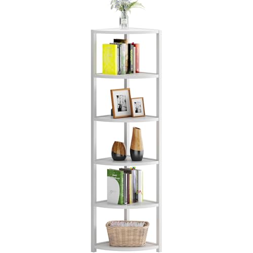 sogesfurniture Estantería de Esquina, Biblioteca de Esquina de 6 Niveles, Estantería de Escalera, Estante de Almacenamiento para Salón, Dormitorio, Balcón, 34 x 34 x 165 cm (Blanco)