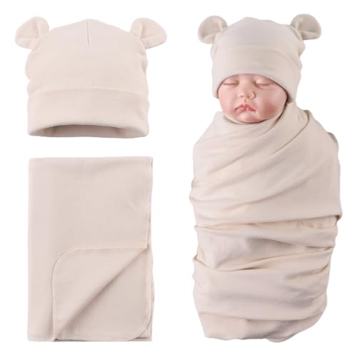 Image of PESAAT Cotton Baby Swaddle Hat Set Newborn Infant Hats Receiving Blankets for Baby Boys Girls
