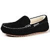KIDMI Women's Genuine Suede Moccasin Slippers Fluffy Cozy House Shoes with Soft Sole Indoor/Outdoor, Black 37