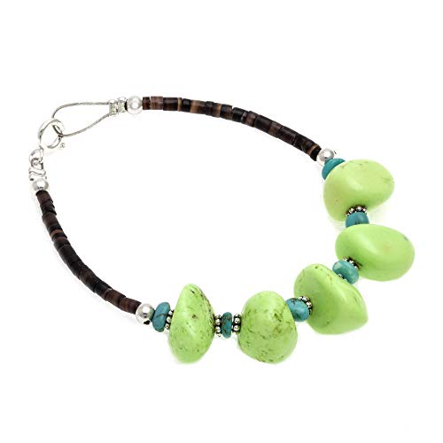 .925 Sterling Silver Certified Authentic Handmade Navajo Native American Natural Turquoise Gaspeite Link Bracelet