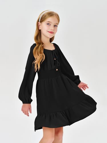 Girls Long Sleeve Square Neck Casual Boho Smocked Short Dresses 5-14 Years3