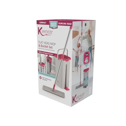 Kleeneze Flat Head Mop & Bucket Set – Escurrido Incorporado, Rascador de Suciedad, Diseño Compacto, Estilizado, Vinilo, Baldosas y Madera, 5L, Doble Compartimento, Remojo/Escurrido, Lavable a Máquina