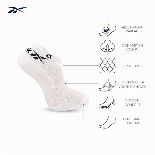 Reebok Chaussettes Basses Unisexes - Confortables, Coton Respirant, Pour Marche, Sport Fitness, Usage Quotidien, Lavables, Coupe Basse, Lot de 3 Paires, Taille 43-45, Blanc/Grise/Noir – vue 2