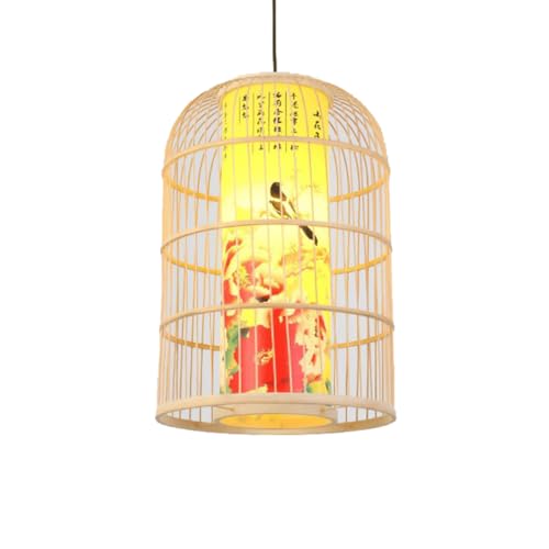 MTNROO Lámpara Colgante Tejida A Mano con Forma De Jaula De Pájaros Lámpara Techo con Pantalla De Bambú Lámpara Araña Estilo Rústico con Decoración Floral Clásicas Tipo Farol para Isla Cocina