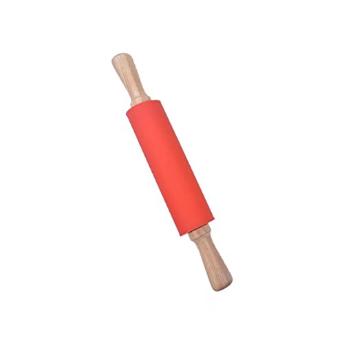 NASNAIOLL Silicone Rolling Pin Non stick Surface Wooden Handle 1.97X15.15 (Red)