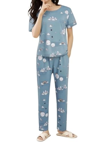 Image of Women's Korean Style Night Suit Set | Cotton Half Sleeve Top & Pyjama Set | Round Neck Printed Nightsuit | Comfortable Nightwear & Loungewear for Women | Sleepwear Pjs Lounge Set |Co-ords Outfit