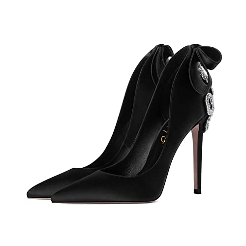 XYD Women Exquisite Satin Rhinestones High Thin Heel Pumps Closed Pointed Toe Slip On Cocktail Evening Party Event Dress Shoes3