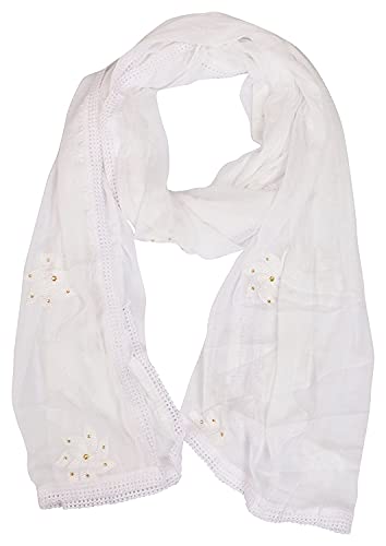 Image of YOUTHQUAKE Flower Embroidered Diamond Work Chiffon Dupatta for Womens & Girls With 4 Side Lace