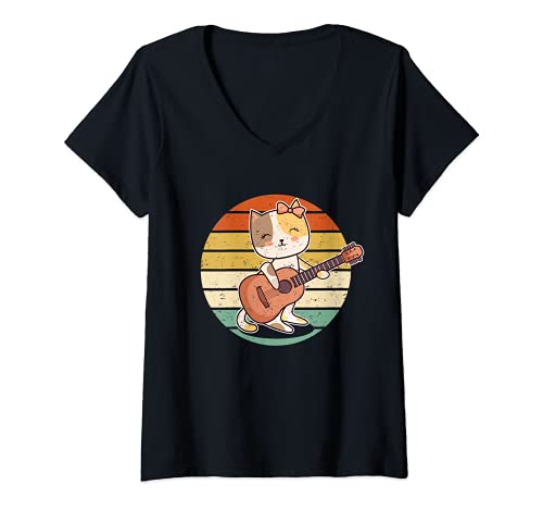 Womens Cat Guitar Player Kitten Guitarist V-Neck T-Shirt, Black