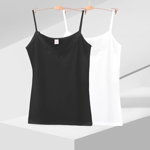 Image of Womens Tank Top Camisoles with Premium Cotton Italian Design - Trimmed with Flower Lace on Neckline