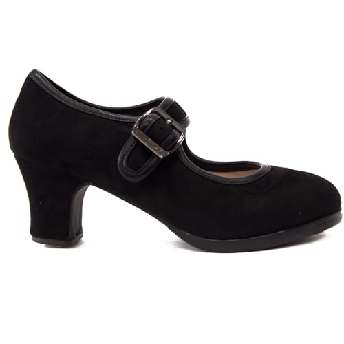 El Rocio desde 1980 Zapatos de Flamenco en Ante, con Hebilla, Doble Suela y Clavos (Negro, Sistema Tallas Calzado EU, Adulto, Mujer, Números, Mediano, 36)