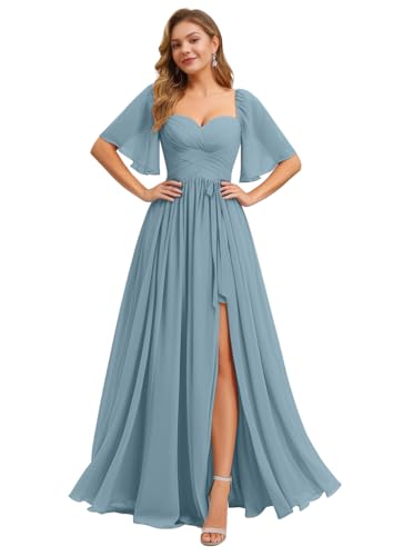 Image of IIF Women's Chiffon Bridesmaid Dresses for Wedding Flutter Sleeves Ruched A Line Long Formal Dress with Slit IIF149