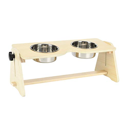 Highkit Raised Dog Bowls On Stands For Small Dogs, Elevated Cat Bowl Stand With Adjustable Height and Tilted Angle,Non Slip Wooden Feeding Station with Double Stainless Bowls for Cats and Pet
