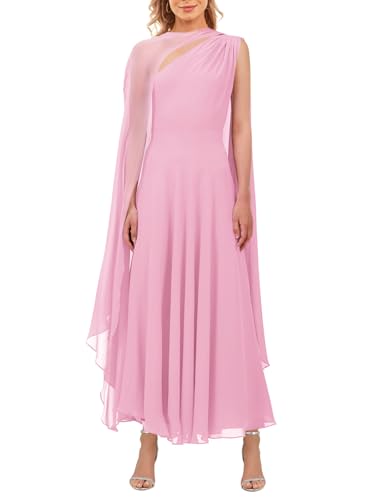 Image of Aisbei Women's Elegant One Shoulder A Line Flowy Maxi Dress Evening Gowns Party Formal Wedding Guest Dresses with Cape