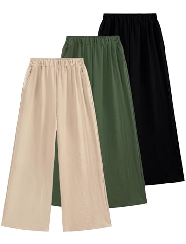 Image of EXARUS 3 Pack Girls Wide Leg Pants Flowy Linen Teen Casual Loose Baggy