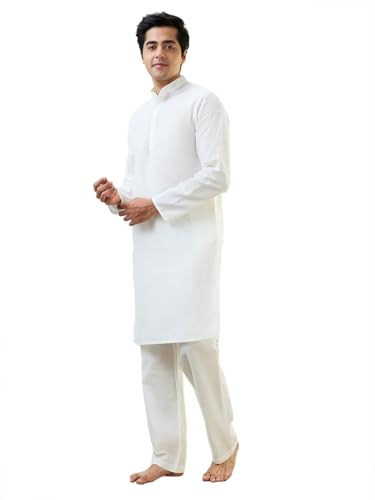Image of SleepZ by Raymond Men Comfort Fit Solid Pattern Cotton Polyester Blend Mandrin Collar Kurta Set