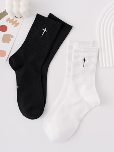 Men's 2pairs Cross Embroidered Casual Crew Socks2