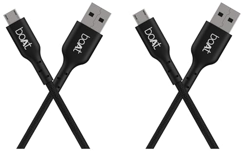 Image of boAt Micro USB 150 Tangle-free, Sturdy Micro USB Cable with 3A Fast Charging & 480mbps Data Transmission, 10000+ Bends Lifespan & Extended 1.5m Length Black) (Pack of 2)