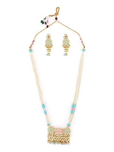 ZAVERI PEARLS Pastel Green & Pink Meenakari Bridal Collection Multistrand Pearls Necklace & Earring Set For Women-ZPFK10140