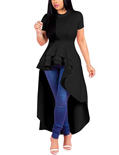 Lrady Womens Casual Shirt Dress High Low Irregular Ruffle Hem Blouse Asymmetrical Peplum Long Tunic Tops