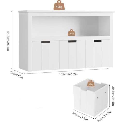 FOREHILL Mueble Almacenaje Juguetes, Mueble Juguetes Organizador, Armario Infantil Ropas, Estantería Infantil Montessori, con 3 Cajones con Ruedas, 1 Estante Abierto, Blanco, 102 x 33 x 61,5cm - imagen 3