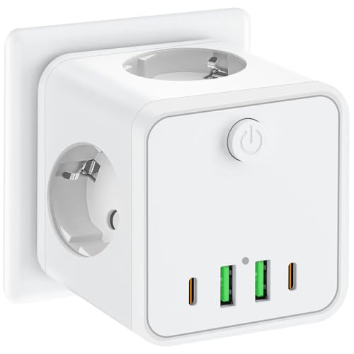 Regletas enchufes,Cubo Enchufe USB 7 en 1,Ladron Enchufes Múltiple con 3 AC 2500W 16A,2 USB A y 2 USB C,Enchufe Multiple Pared con Interruptor,para Oficina,Cocina y Habitación (Blanco)