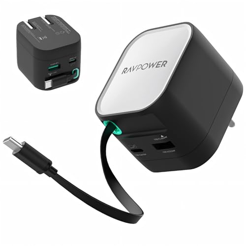 Image of RAVPower 65W GaN PD Fast Charger with Retractable Type-C Cable | 3-Port Wall Adapter (2 USB-C + 1 USB-A) | Foldable Pin Travel Charger for iPhone, Samsung, iPad, MacBook,Type C Laptop