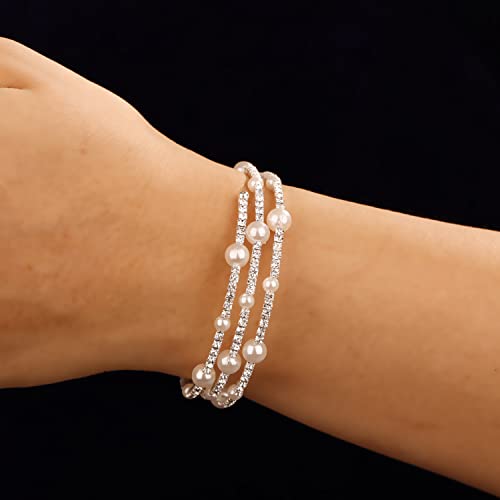 Yertter YERTTER-22-1 Wedding Silver 3 Row Pearl Rhinestone Bracelet Glitter Tennis Chain Stretch Wrap Cuff Bangle Bracelet Layered Gift thumb #2
