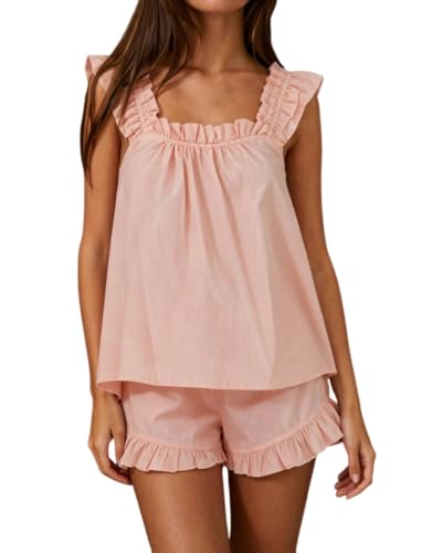 Image of Womens Summer 2 Piece Set Fashion Ruffle Trim Cami and Casual Shorts Set Cotton Pajama Sets