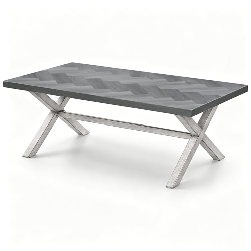 Image of Aluminum Outdoor Coffee Table, Never Rusts Rectangle Patio Coffee Table with Resin Tabletop, Aluminum Outdoor Furniture Coffee Table for Patio, Poolside, Garden, Balcony, White Oak