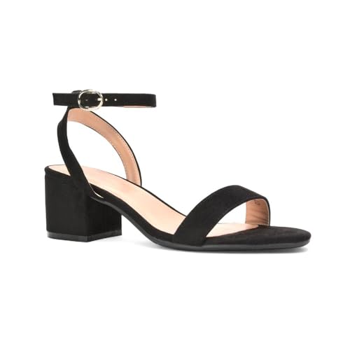 ESSEX GLAM Women's Low Block Heel Sandal Ladies Black Faux Suede Open Toe Strappy Ankle Strap Dress Shoes Size 3