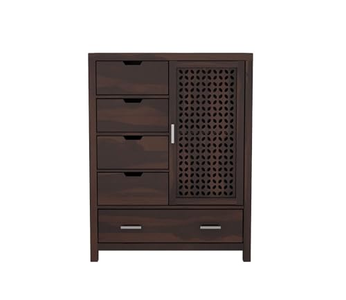 Image of Solid Sheesham Wood 5 Drawer Chest of Drawers with 2 Shelf Storage and Spacious Dresser for Hall Home Office Furniture, Kitchen Cabinet (Walnut Finish)